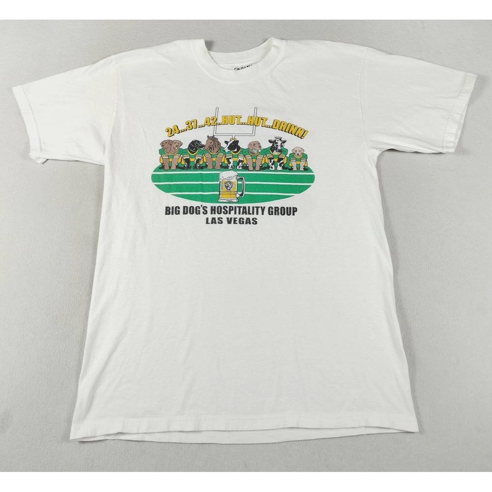 Vintage Shirt Mens Large White Gildan Big Dog's Hospitality‎ Group Football Beer